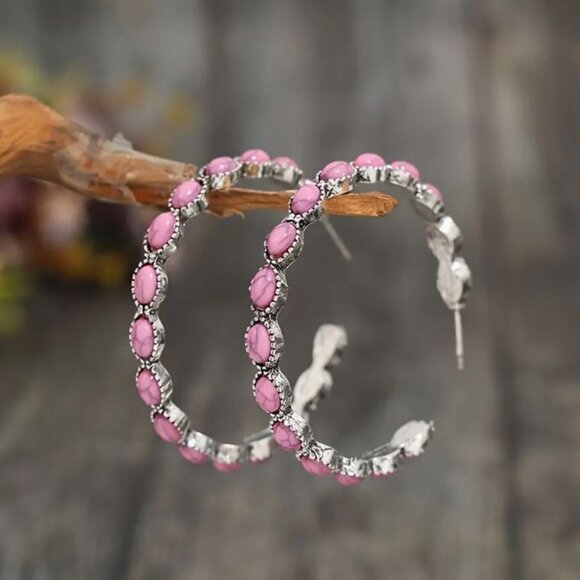 NEW Mariana Southwestern Pink Turquoise Silver Hoop Earrings - Picture 3 of 5